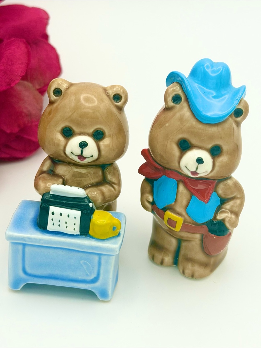 Vintage 1989 Ceramic Teddy Bear Figurines Set of 2 Made in Japan